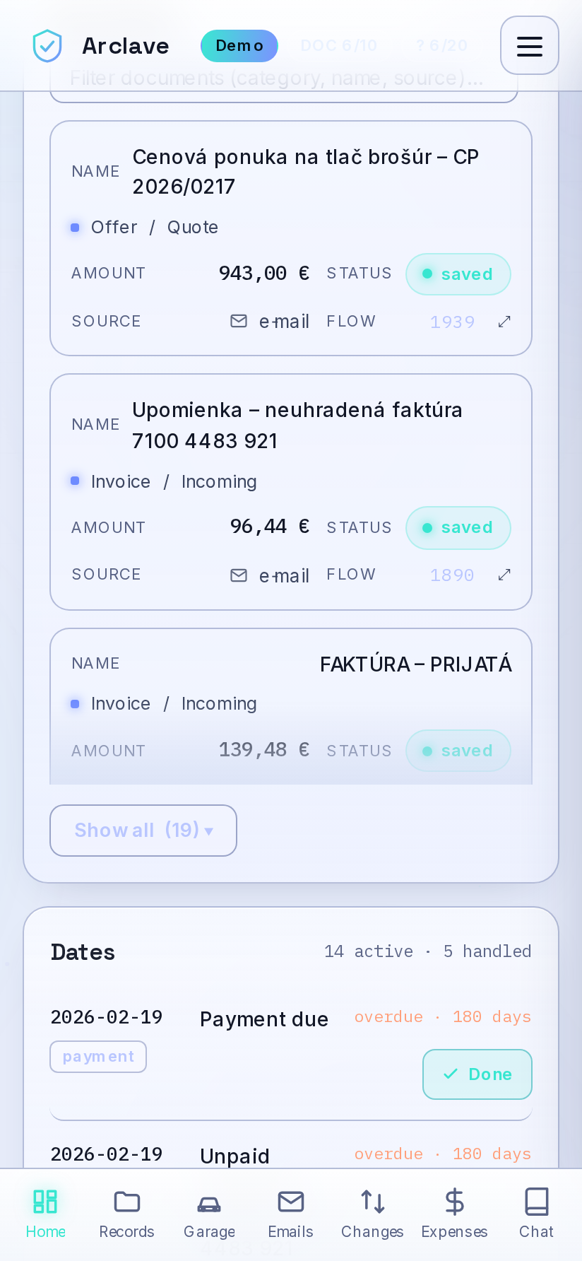 Arclave — detail dokumentu s vyťaženou sumou, dátumom a protistranou
